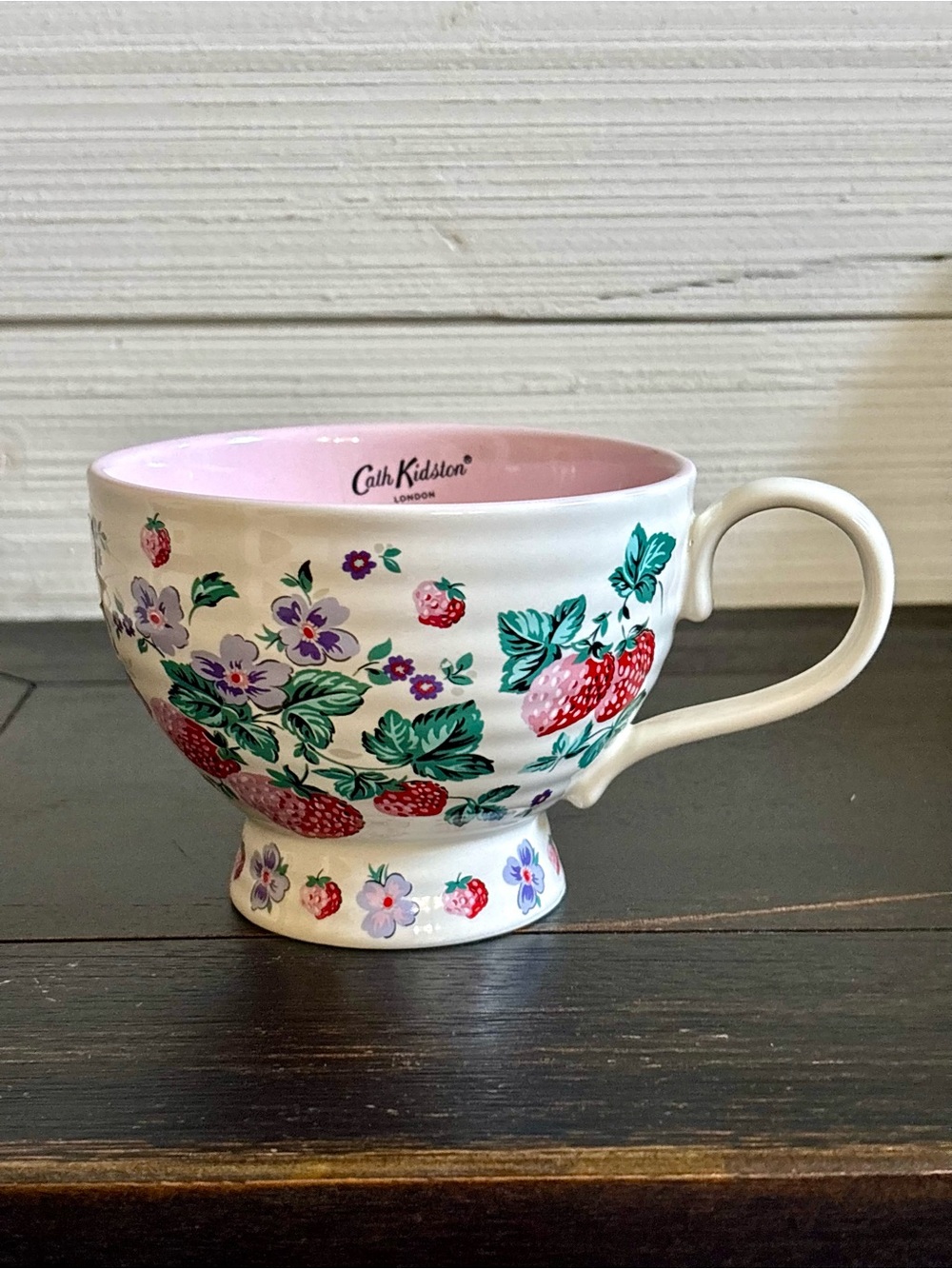Cath Kidston Footed Stoneware Mug  Strawberry Floral Pattern Pink Interior NEW